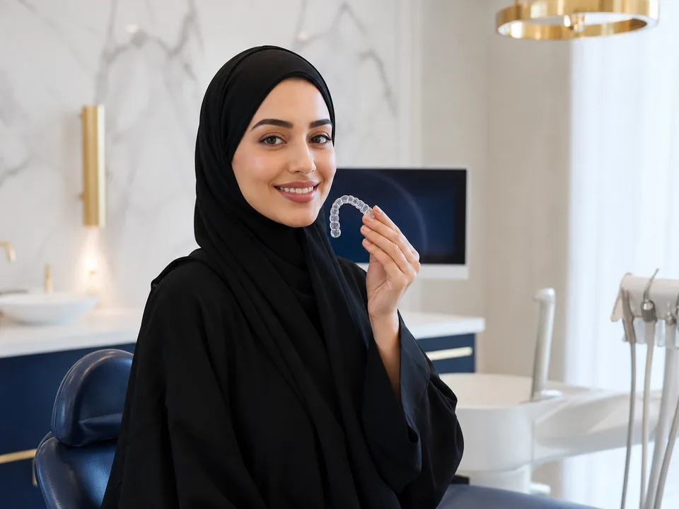 سيدة خليجية تحمل تقويماً شفافاً في عيادة مجمع مارو الطبي