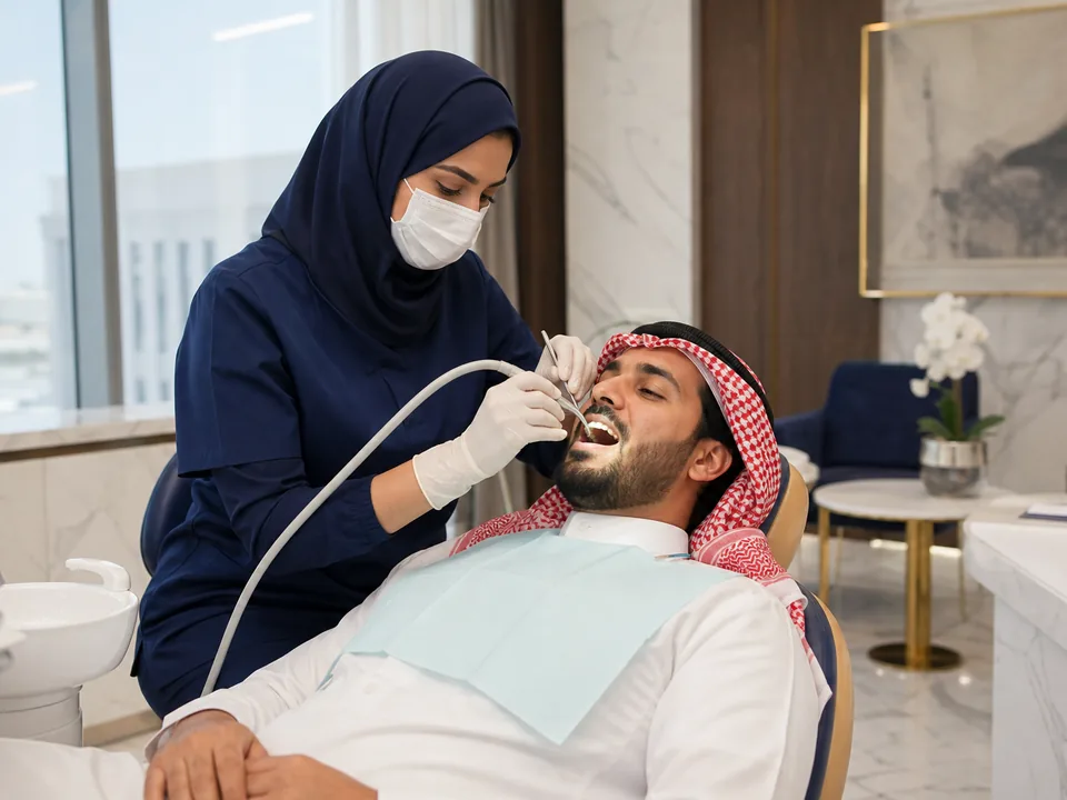 جلسة تنظيف أسنان احترافية لمراجع خليجي في مجمع مارو الطبي