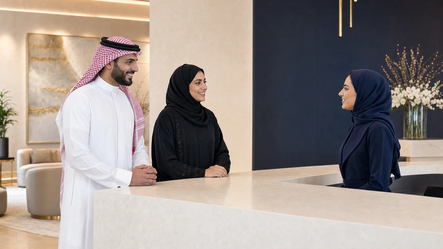 مراجعان مع موظفة الاستقبال في مجمع مارو الطبي بالدمام