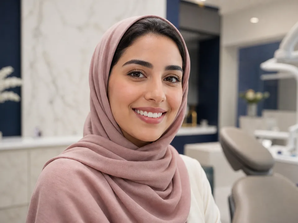 ابتسامة طبيعية لسيدة خليجية محجبة في مجمع مارو الطبي